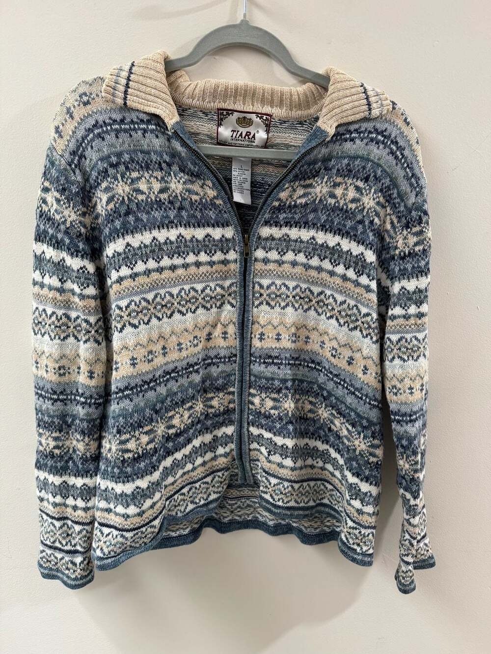 Vintage Tiara International Blue and Tan Fair Isle Full Zip Sweater Size L